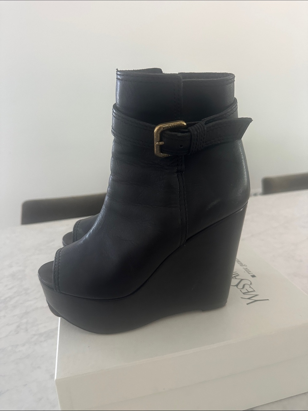 Burberry Black Wedge Peep-Toe Ankle Boots - Women's 6 - Picture 4 of 5